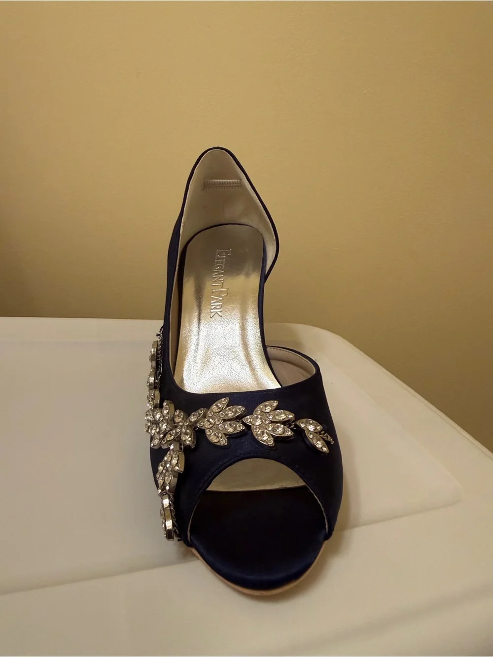 Sz 7 Sapphire Blue Satin Peep-Toe Heel with Crystal Leaf Embellishment